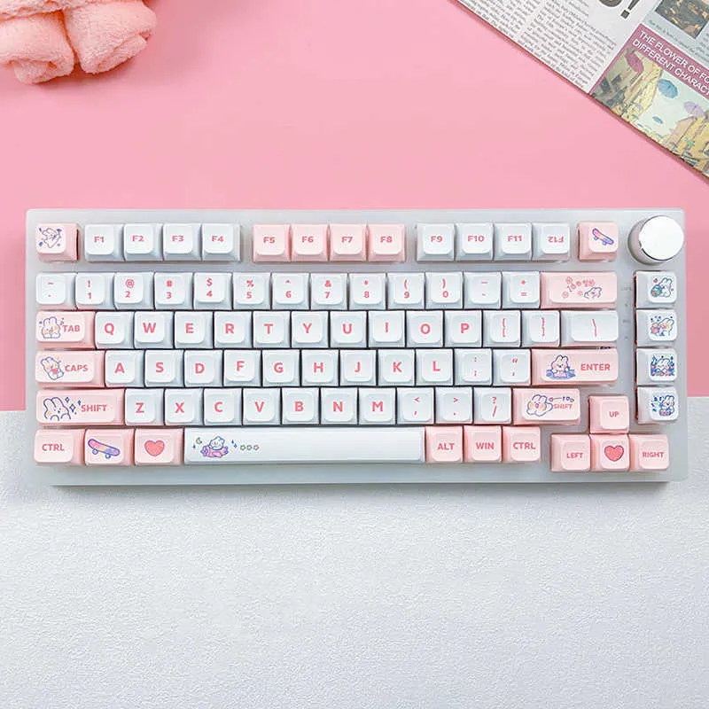 ˚✧₊⁎ົ Keyboards 129 Keys XDA Profile PBT Pink Bunny Theme Cute