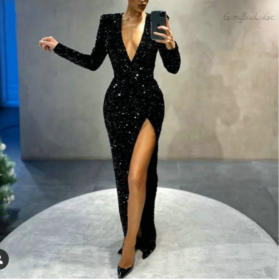 long black sequin dress with split A line Halter Long Black Sequin Slit Prom Dress P1273