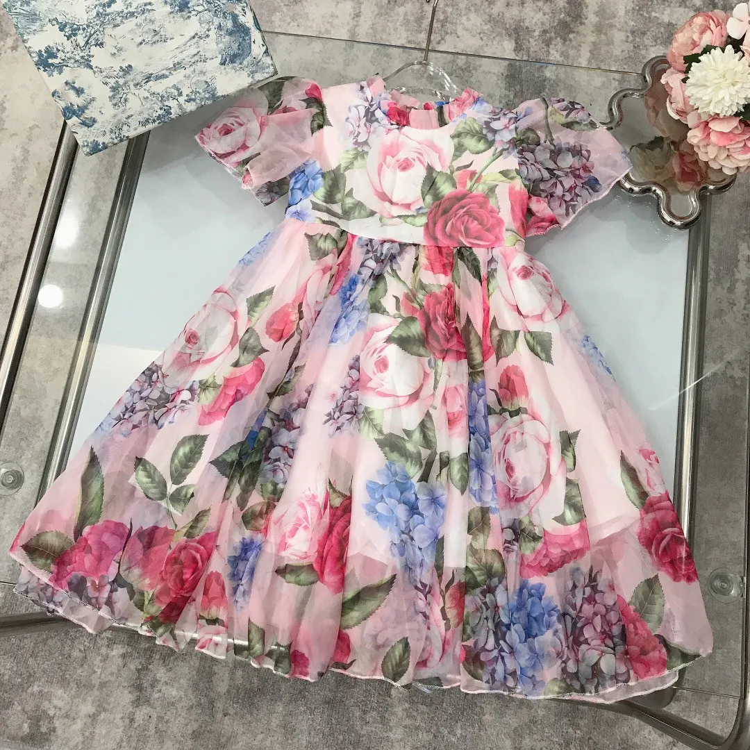 pink clothes for girls dresses summer kids girls printed flowers dress Children pleasantly cool clothing