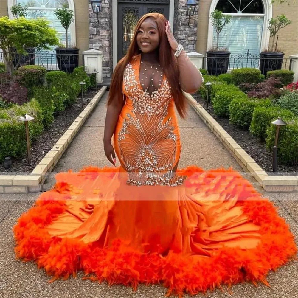 Big Size Orange Black Girls Prom Dress 2023 With Feather Luxurious Mermaid  Crystal Evening Gowns African