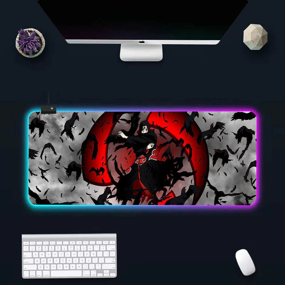 Mouse Pads Wrist Rests Uchiha Itachi RGB Pc Gamer Keyboard Mouse Pad Mousepad LED Glowing Mouse Mats Rubber Gaming Computer Mausepad T230215