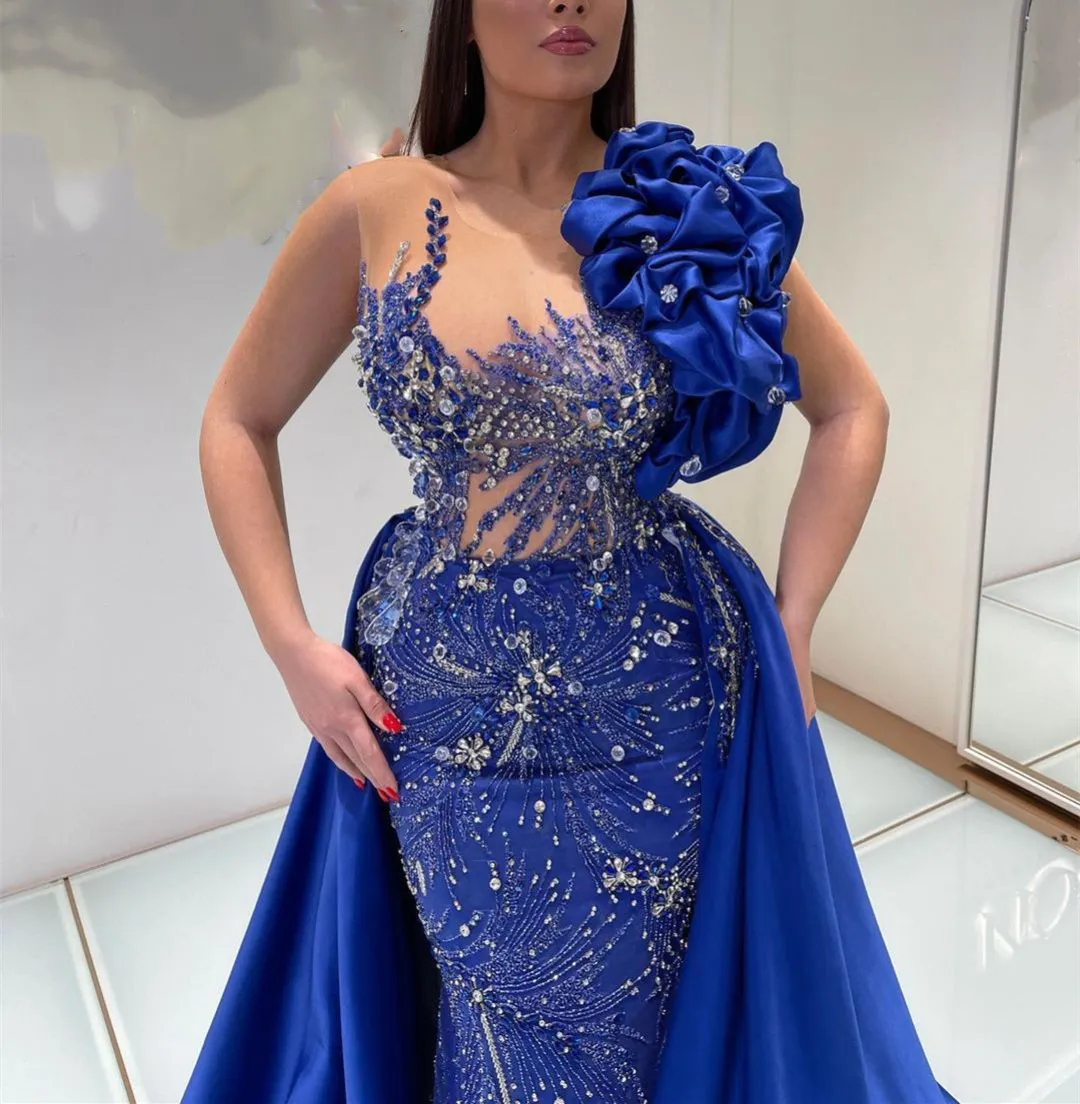 Luxury Blue Beading Long Sleeve Sheer Detachable Train Prom Dress Luxury Blue Beading Long Sleeve Sheer Detachable Train Prom Dress