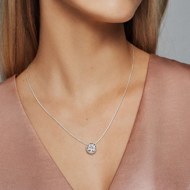 Sterling Silver Sparkling Family Tree Necklace with Cubic Zirconia for Women Wedding Gift