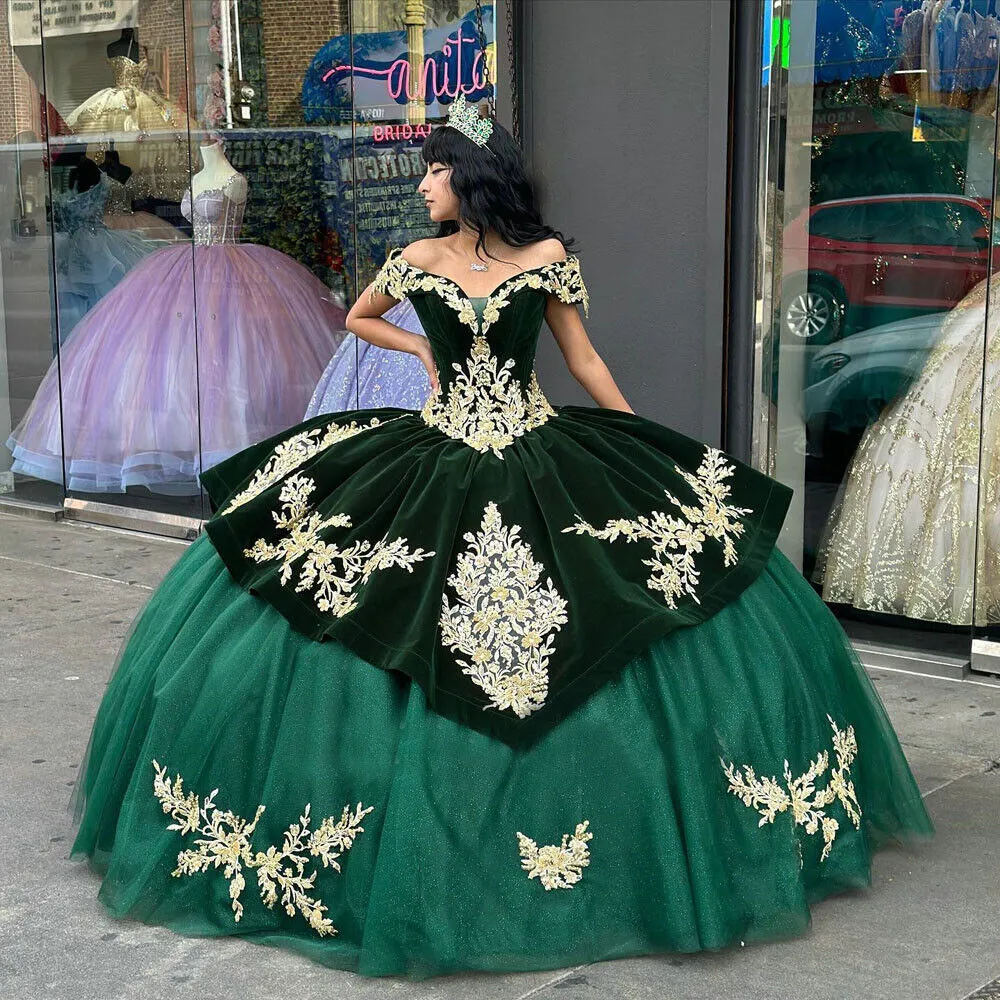 Esmerald Green Velvet M￩xico Quinceanera Vestidos 2023 Vestido De Bola Gold  Applique Off Ombro Sweet 15 Dress Vestage Vestidos De Xv Charro Formal Prom  Dress For Women De Bridalstore, $801,64