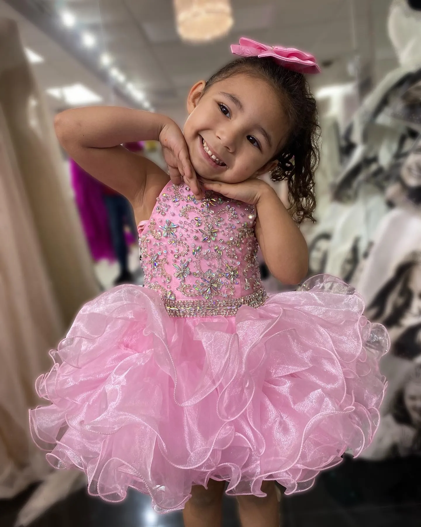 Girls Glitz Cupcake Pageant Dress 2024 Beaded Crystal Organza Ruffle Ball Gown for Kids Cocktail Party