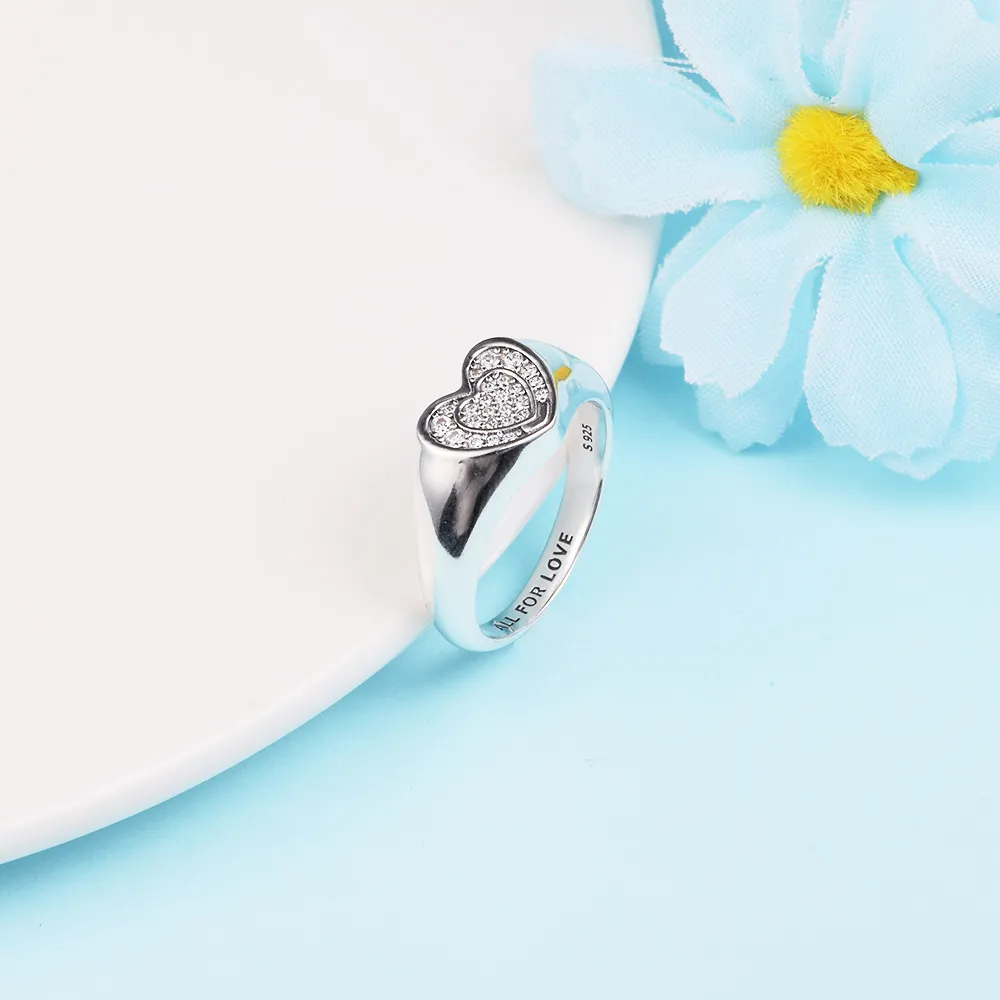 Radiant Heart Pave Signet Ring 925 Sterling Silver CZ Stones For