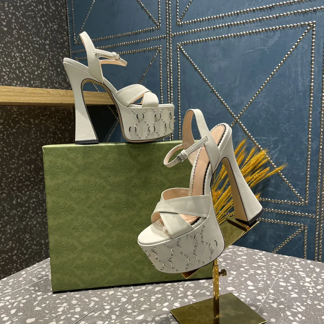 Studded Leather Platform Sandals Chunky High Heels Ankle Strap Open Toe Fashion Party Lady Heels Pumps 2024