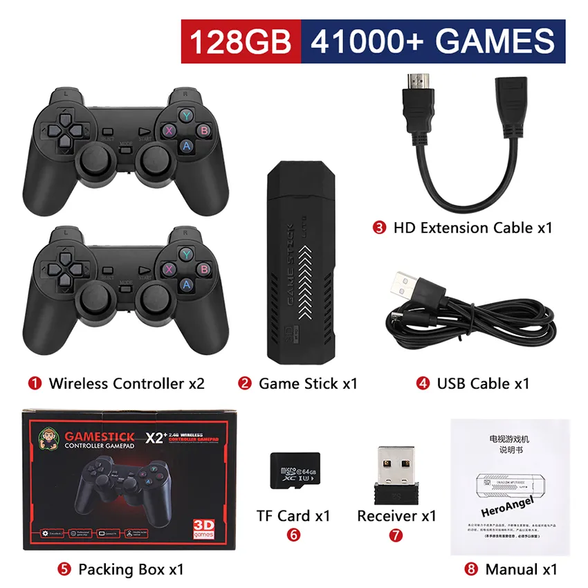 X2 Plus Game Console 3D Retro Video Game Stick 2.4G Wireless