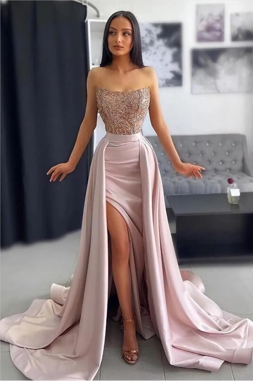 Preciosos vestidos de fiesta de sirena rosa para mujer talla grande sin tirantes apliques de lentejuelas sin mangas lado alto ropa formal