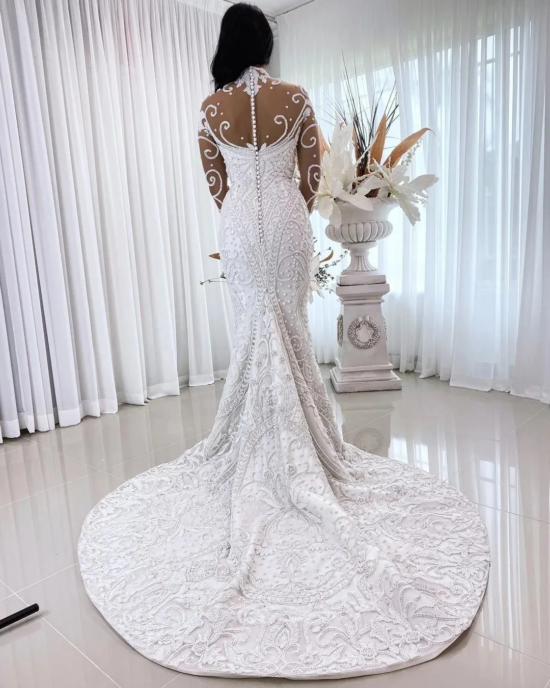 Mermaid Wedding Dress : Beaded Pearl Appliques & Detachable