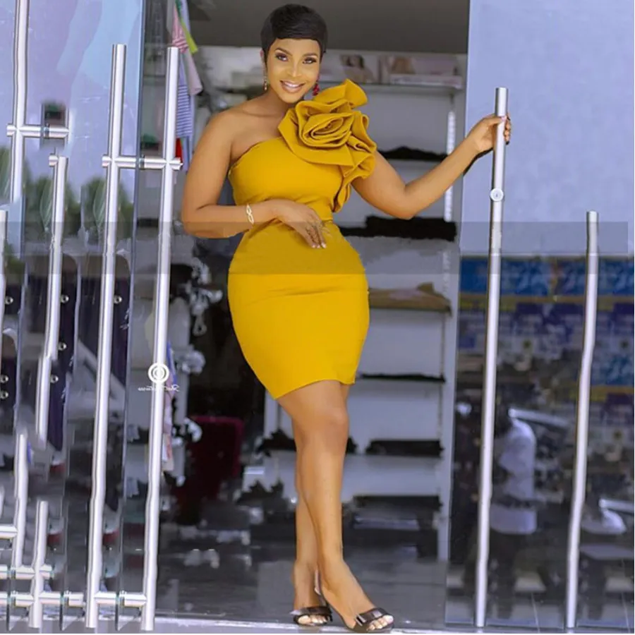 Handmade Flower One Shoulder mustard Yellow cocktail dress in Gold and Yellow - Knee Length Mini Gown for Women's Party and Formal Events (D07 D0311)