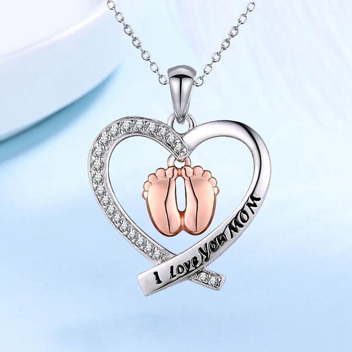 Heart Shaped Necklace Baby Footprint Foot Pendant I Love You Mom