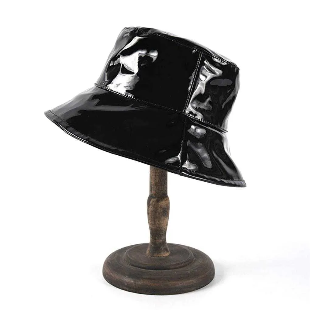 Black Patent Leather Wide Brim Vinyl Bucket Hat Waterproof Rain