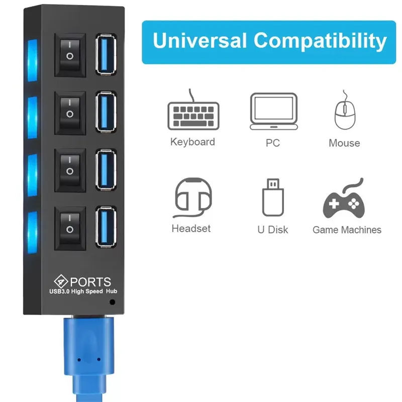 USB Hub 3.0 Splitter,7 Port USB Data Hub with Individual On/Off Switches  and Lights for Laptop, PC, Computer, Mobile HDD, Flash Drive and More