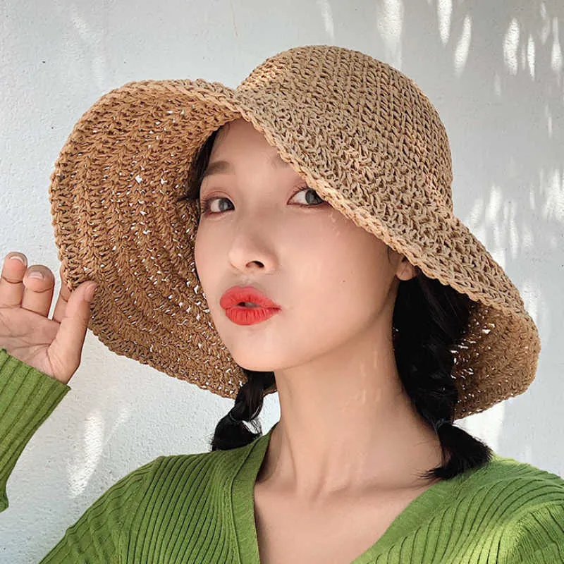 Korean Style Crochet Knitted Straw Hat With Wide Brim And Bow