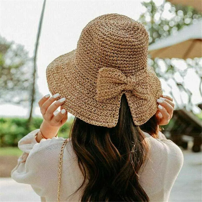 Womens Summer Fashion Casual Beach Holiday Sun Bow Straw Hat Sun Hat  Gardening Hats for Women