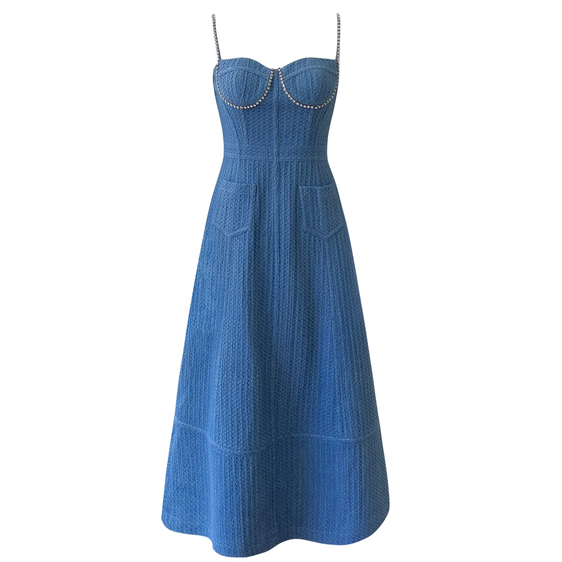 Blue Rhinestone Denim Linen Dress with Spaghetti Straps and Double Pockets - Perfect for Summer Casual Wear (2023 Collection)