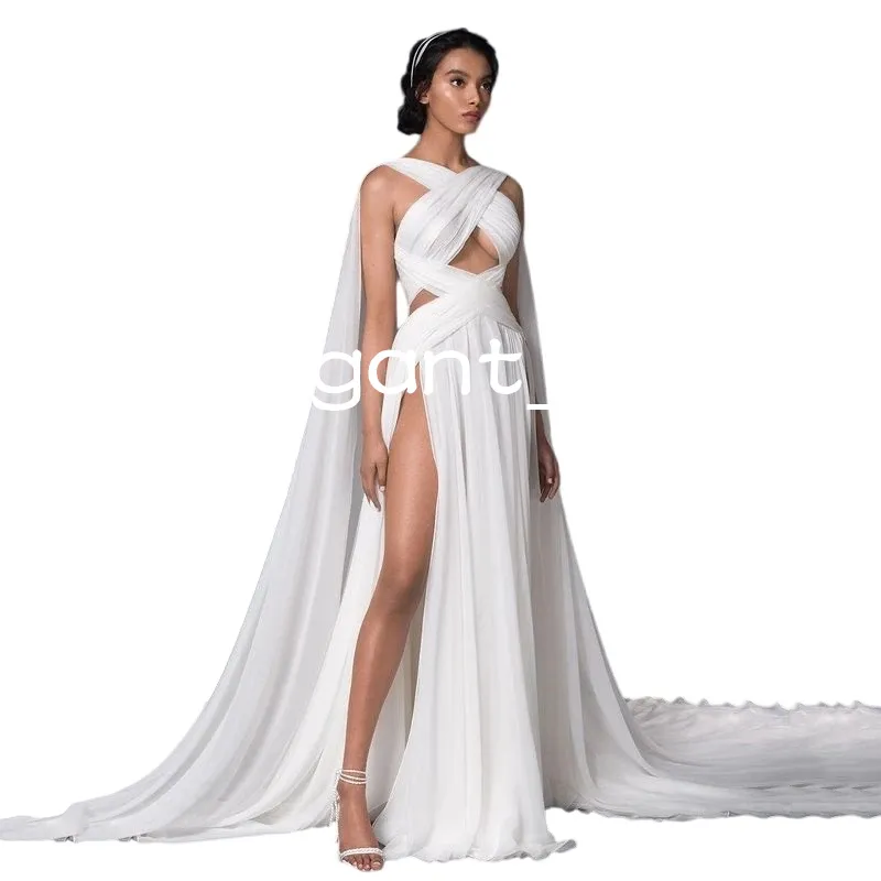 chiffon greek dress Chiffon Grecian Style Bridesmaid Dresses Greek A-line Princess V-neck Short  Sleeves Beading Sweep Brush