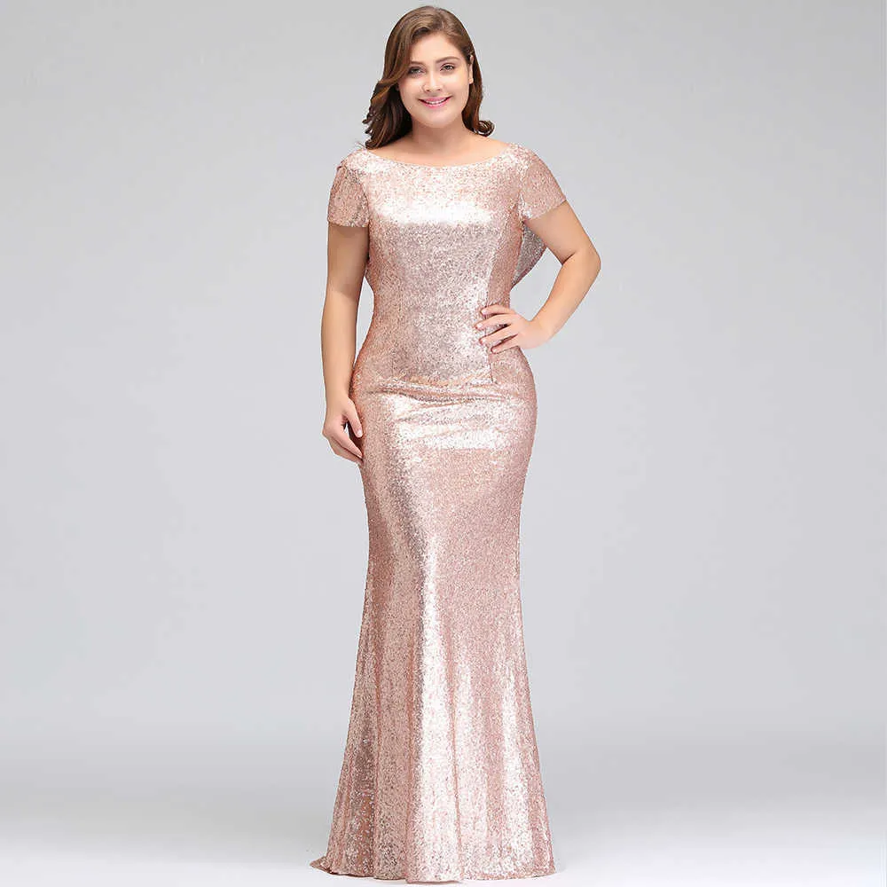 Plus Size Rose Gold Sequin Party Dress Sexy Backless Short Sleeve  Bridesmaid Wedding Guest Dress Slim Fit Evening Gown