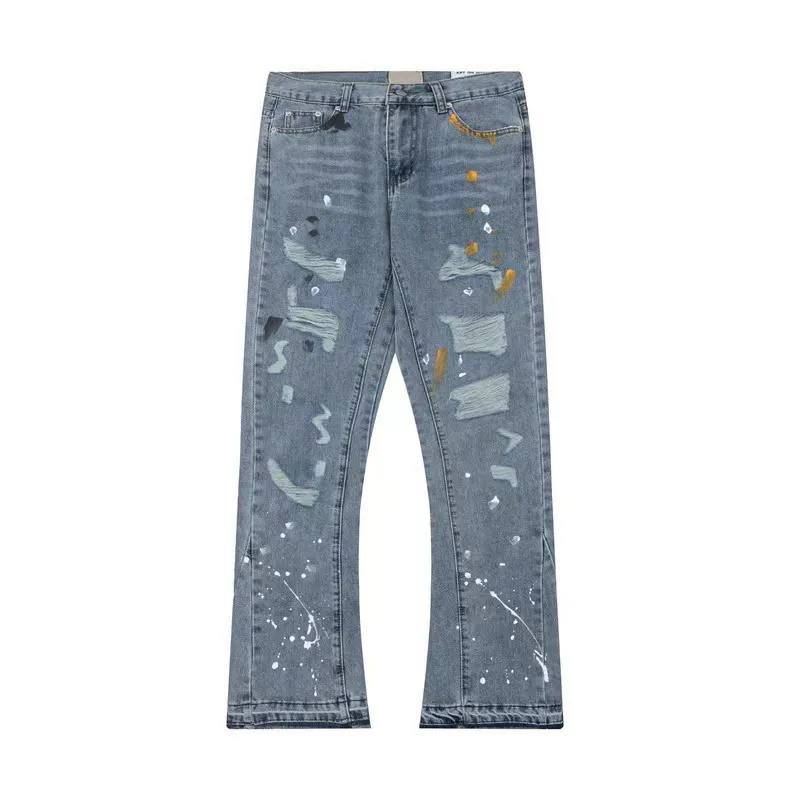 Trendy high street mens jeans pants fashion designer jeans blue denim flared pants pant youth rivet print patch white jean embroidery boys kecks