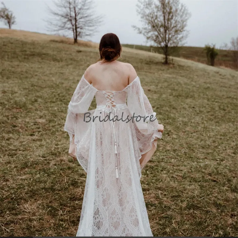Boho Champagne Boho lace wedding dress 2023 with Puff Sleeves, Chiffon Corset, and Greek Beach Style - Perfect for Bohemian Brides and Outdoor