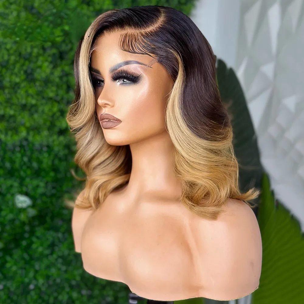 Brazilian Highlight Honey Blonde Body Wave Short Bob Wig Glueless Ombre Simulation Human Hair 360 Full Lace Front Wigs For Women