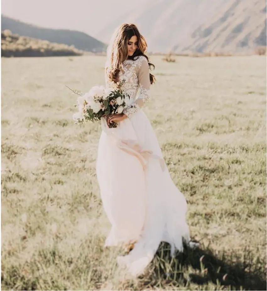 Bohemian Beach Lace Wedding Dress with Sheer Long Sleeves, Bateau Neckline, A-Line Silhouette, Appliqued Chiffon - 2021 Collection (Style 0509)