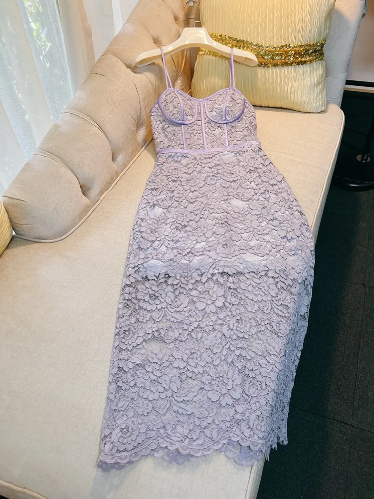 Autumn Lavender Floral Lace panelled wardrobe Midi Dress with Spaghetti Straps - Fashionable and Casual (J3L047927)