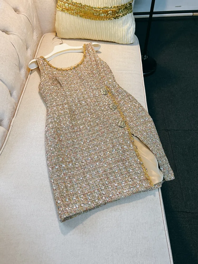 green emerald velvet dress Glistening and Gorgeous Tweed Mini Dress Xs / Gold