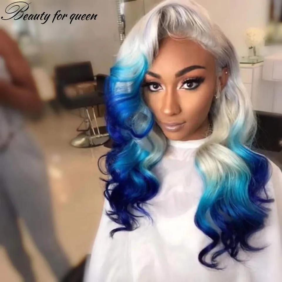 Long Brazilian Blonde Ombre Blue Colored Lace Front Wig Human Hair 13X4 Lace Frontal Body Wave Synthetic Wigs for Women Natural Hairline