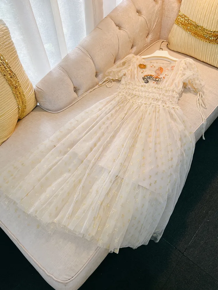Elegant Apricot Tulle Maxi Dress With Embroidered Stars And Ribbon Tie  Short Sleeve Casual Long Dress From Risabeira, $68.54 In Bulk