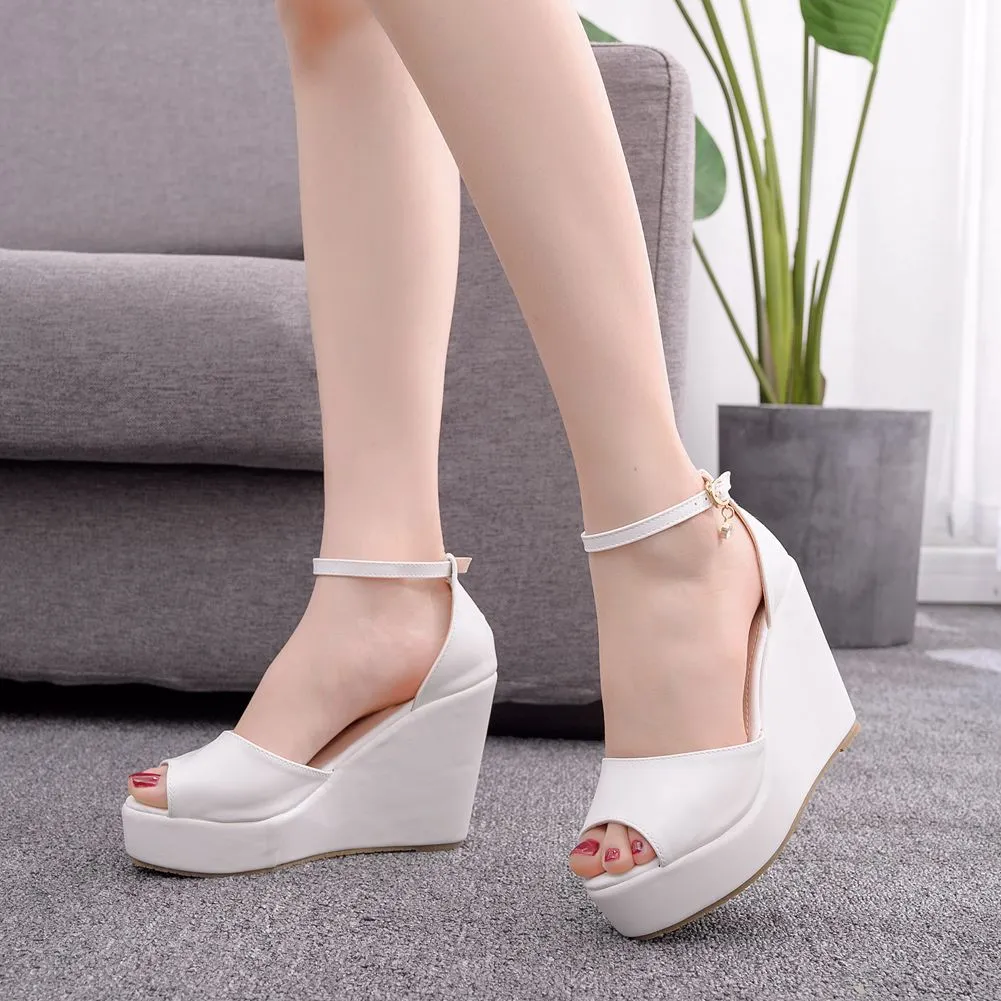 White Bridal Sandals Open Toe Ankle Strap Platform Wedge Heels Faux Leather Wedding Shoes for Women 2024 Summer