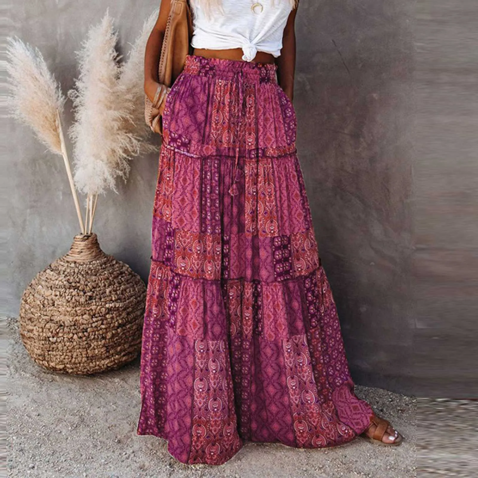 Women s Elastic Waist Summer Skirt with Pockets Flowy Long Boho Maxi Skirt