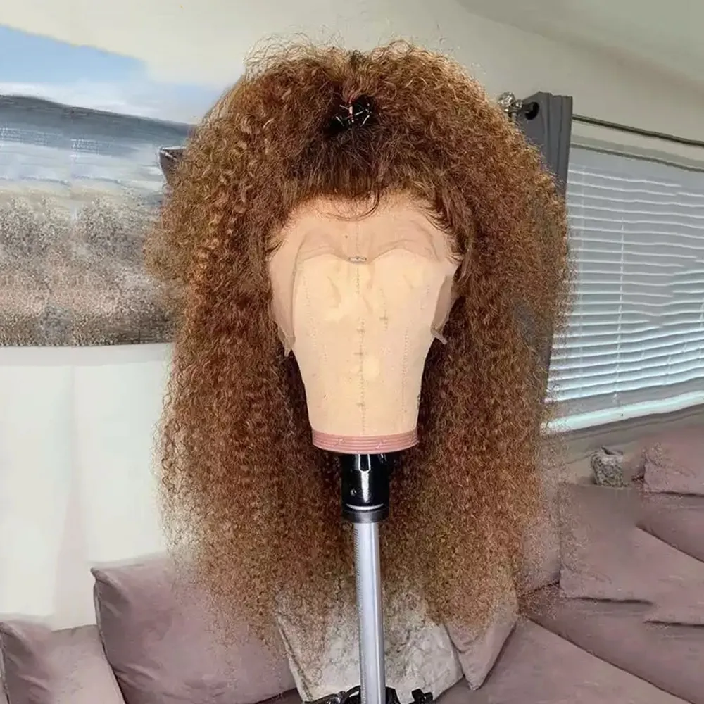 Mongolian Hair Brown Kinky Curly Lace Front Wig 13x4 HD Lace Frontal Wig Transparent Lace Afro Wig For African Women with Baby Hair