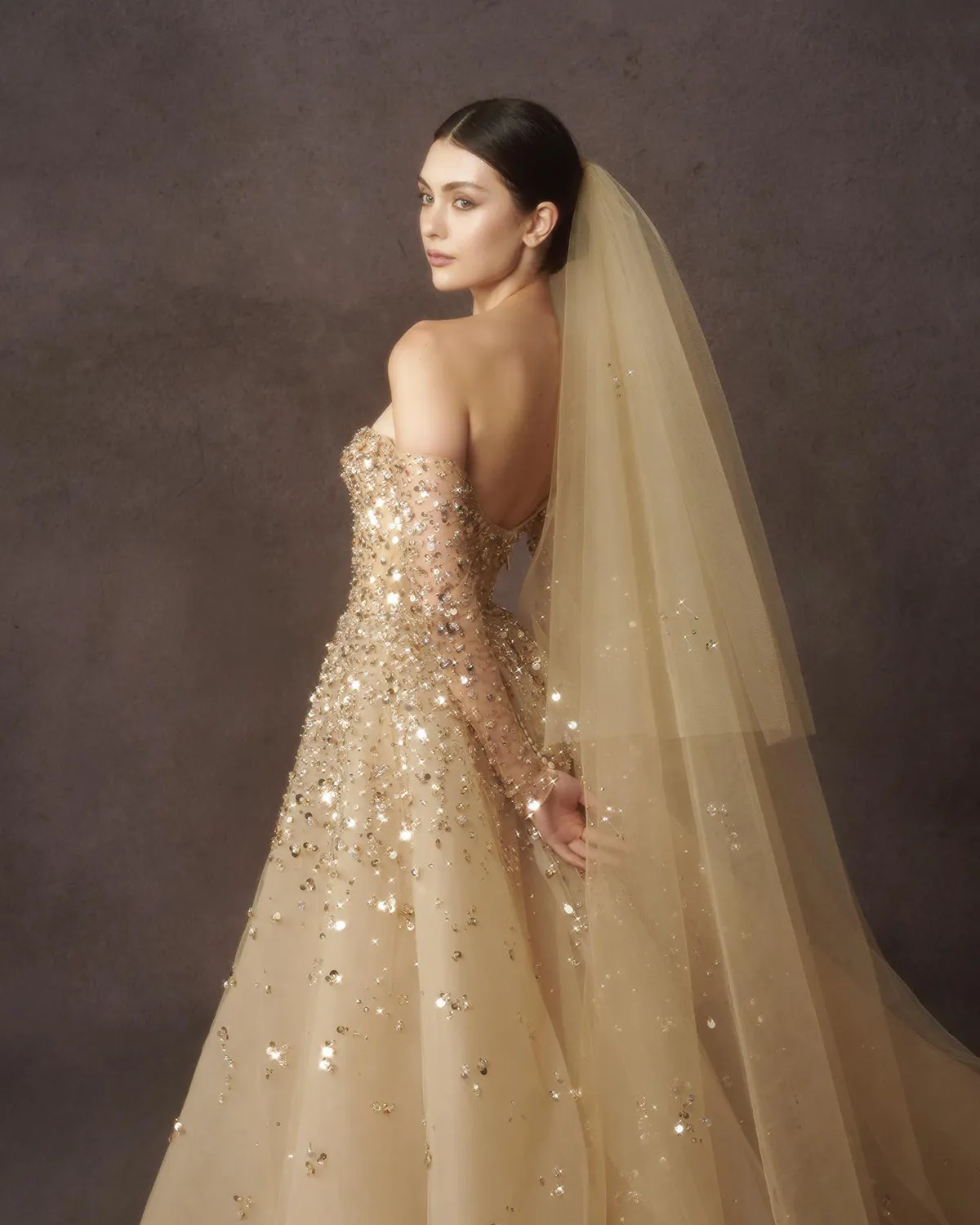 wedding dress gold beading Embroidered Gold Beaded Mesh Maxi Dress Vanilla Chiffon / S main image 1