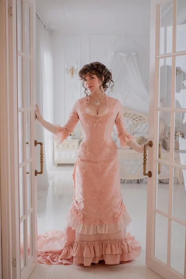 victorian prom dress Victorian Prom Dresses Outfit Pink Puffy Skirt Lace Floral Evening Occasion Gown