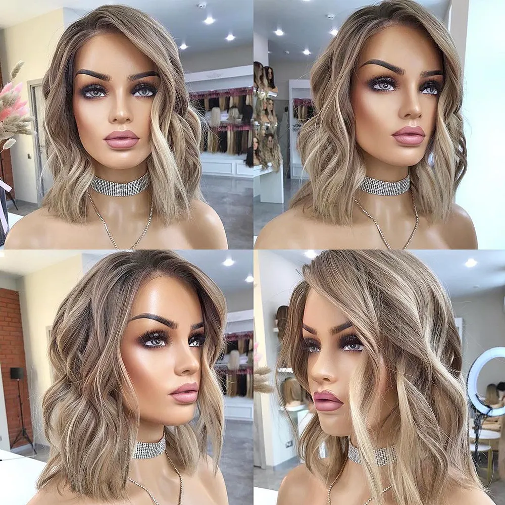 Short Wavy Bob Human Hair Lace Wigs Ash Blonde Highlights Lace Front Wigs for Women Ombre Platinum Blonde Lace Frontal Wig Synthetic