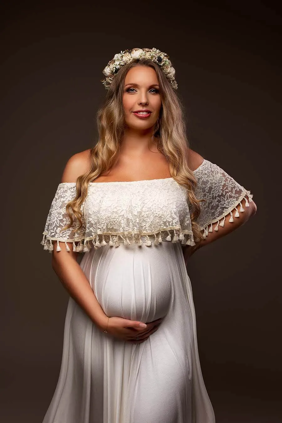 Elegant White Tassel Maternity Dress Sexy Split Side Maxi Gown for Pregnancy Photoshoots