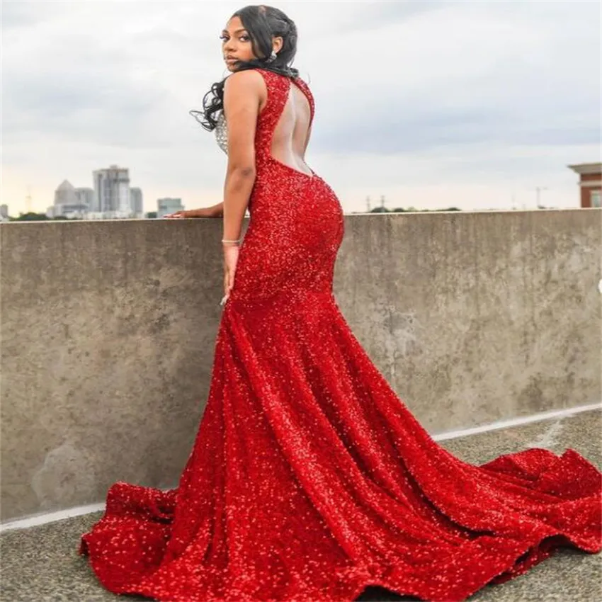 Sparkle Red Sequin Evening Dress With Beaded Stunning Mermaid Prom Dresses For Black Girls 2023 Glitter Birthday Formal Party Vestidos De Noche South