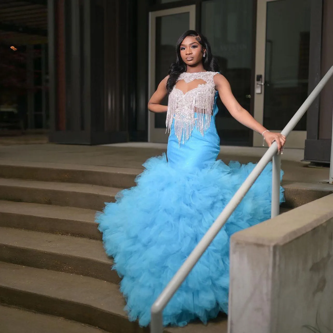 Sky Blue Mermaid Blue Mermaid Prom Dress With Beading And Ruffles