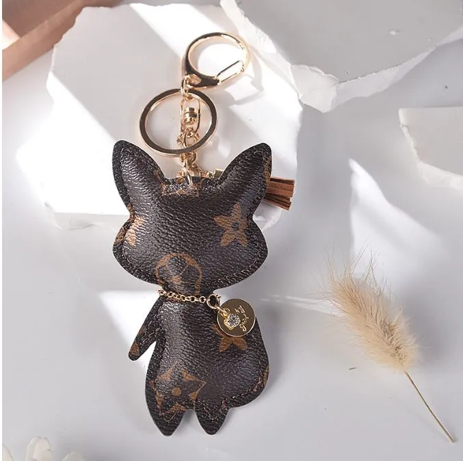 Fox Keychains Key Rings Holder for Women, Cute Brown Flower PU Leather Car Keyrings, Fashion Design Bag Chains Jewelry Accessories, Animal Pendants Charms Party Gift