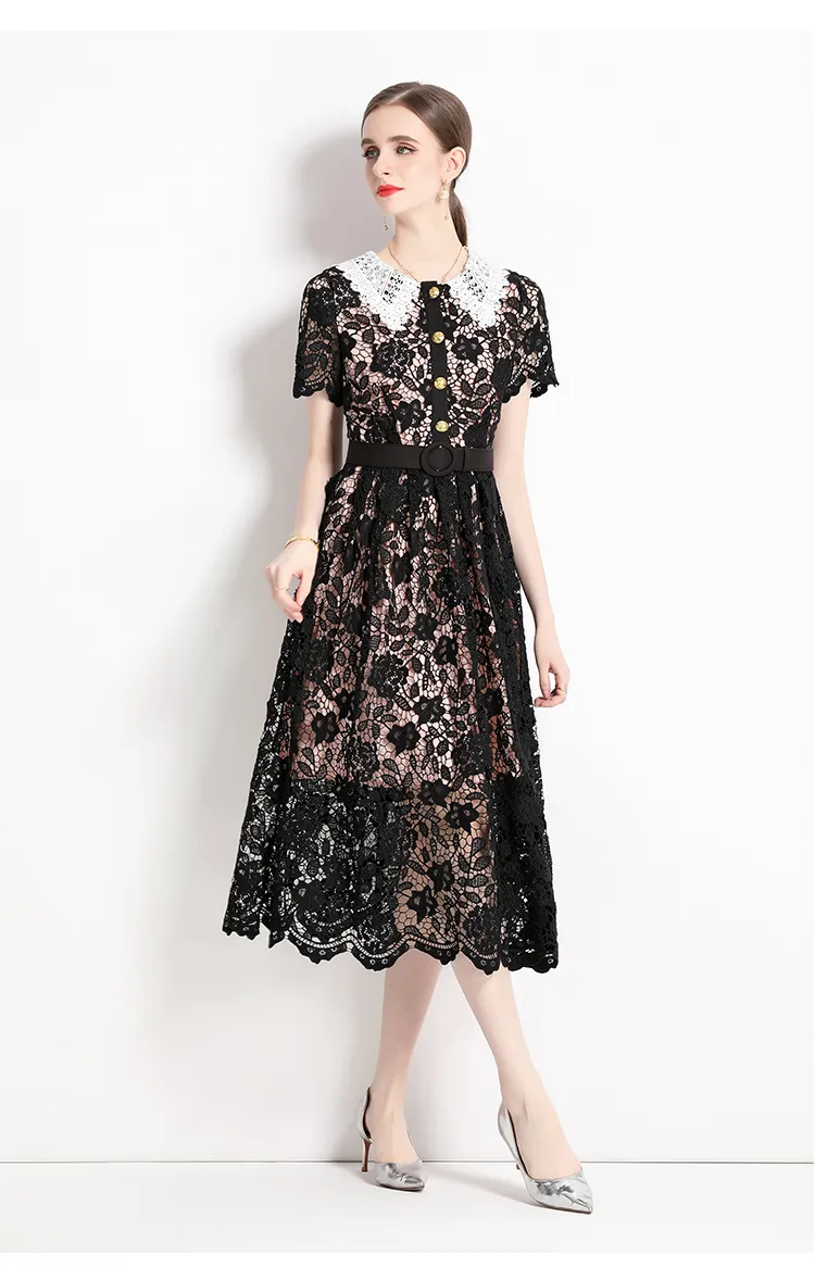 Summer Runway Womens Lace Embroidery Dress Hollow Out Midi Vestidos With  Gold Buttons, Peter Pan Collar, Short Sleeve & Belt From Xiongstore, $40.21  In Bulk | DHgate.Com