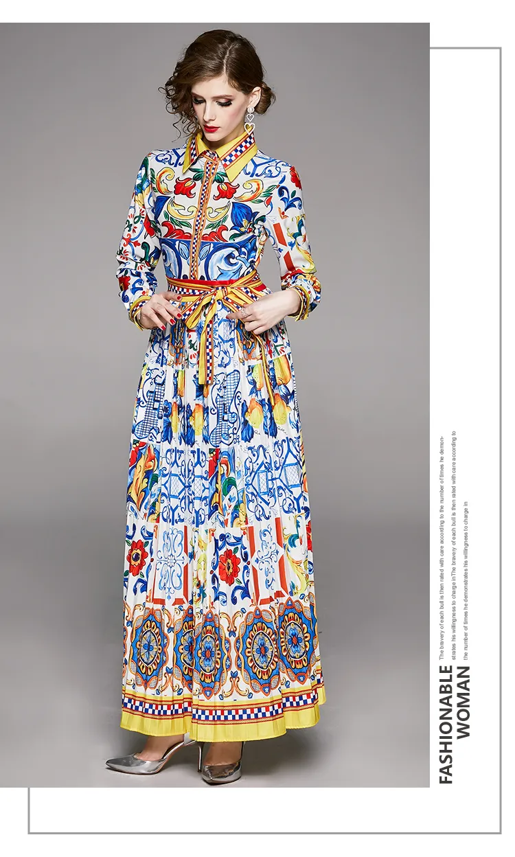 ankle length casual summer dresses Summer Casual Fashion Long Dress Women's Clothing European Style Print Turn-down Collar Ankle-length Umbrella Skirt