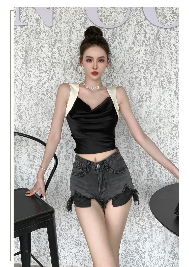 Women s color block satin spaghetti strap sleeveless crop tank top