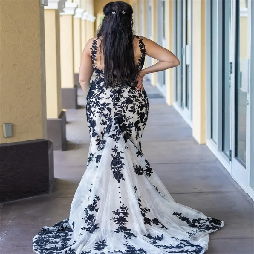 Black Gothic Plus Size Wedding Dress with V-Neck, Mermaid Lace, and Backless - Perfect for Garden, Country, or Medieval Weddings - and Elegant