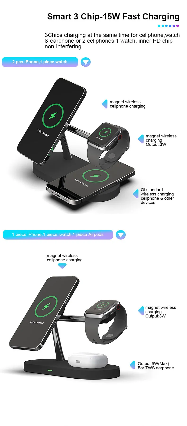 Universal 3in1 15W Qi Wireless  Mini Fast Charging Station For Iphone 14 13 12 Pro Max  Pro  Watch 6 5 4 3 2