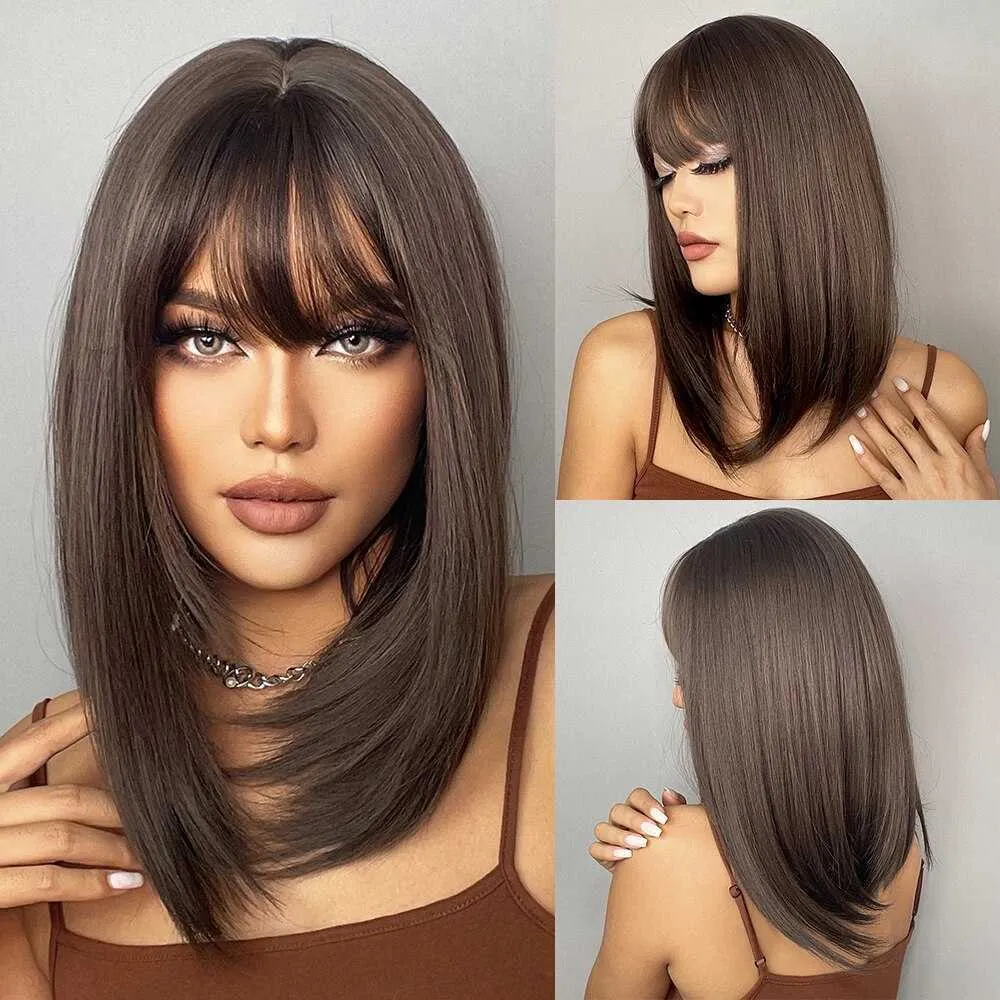Lace Wigs Brown Bob Wigs With Bangs For Women Shoulder Length Bob