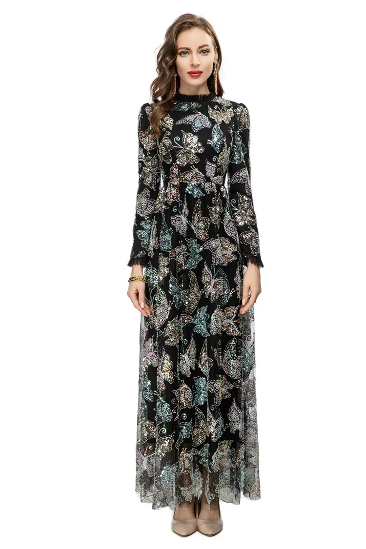 designer evening maxi dresses Gothic Red Sequin Evening Gown with Off the Shoulder Sleeves - Designer Sequin Gown