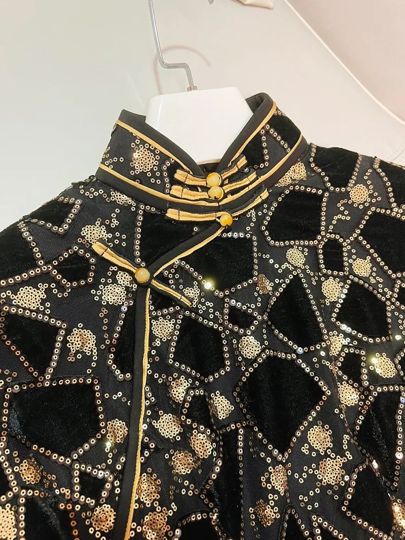 Black Dress With Gold Sequin Collar Queendancer Women Sparkly Gold and Black  Long Sleeves Holiday Party Dress with Sequin Velvet Mermaid V-Neck Evening  Dress  queendancer