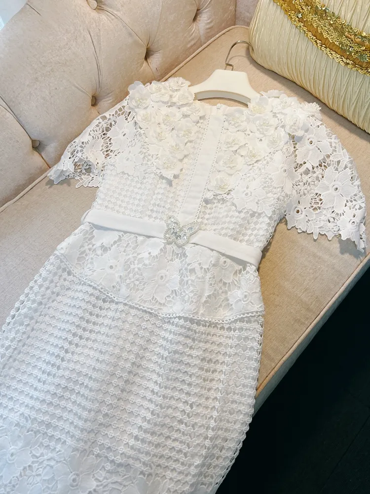White Floral Lace Midi Dress with Short Sleeve and Round Neck, Empire  Waistline, Butterfly Beaded Belt, Summer from Dhgate Basic & Casual Dresses  - price 84.11